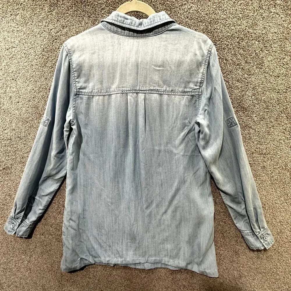 Cloth & Stone Adalie Shirt Dress Small Blue Lyocell Roll Tab Sleeve V Neck Tunic - Picture 2 of 9